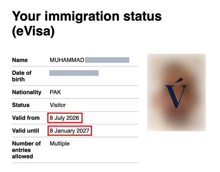 UK Visitor Visa approval — redacted eVisa document