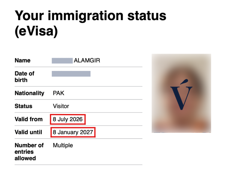 UK Visitor Visa approval — redacted eVisa document