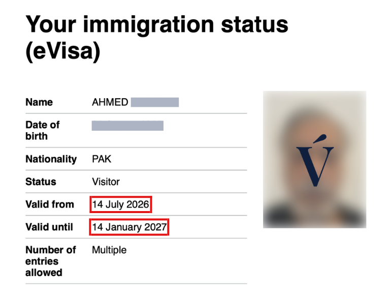 UK Standard Visitor Visa approval — redacted eVisa document